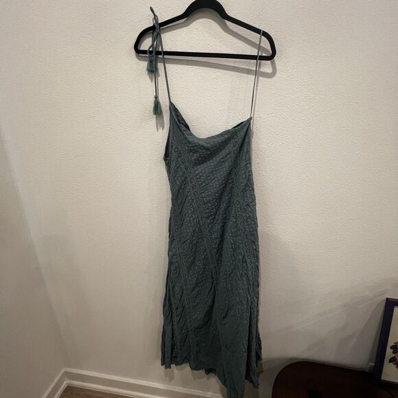 FREE PEOPLE BELLA Dress Boho One Shoulder Embroidery Maxi Green Blue Sz S - Picture 6 of 9